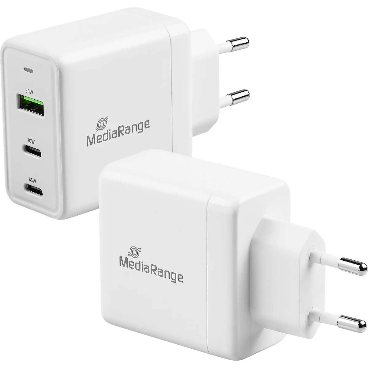 MediaRange Quick Charge snellaadadapter 65 W, Eurostekker, 2x USB-C en 1x USB-A, wit