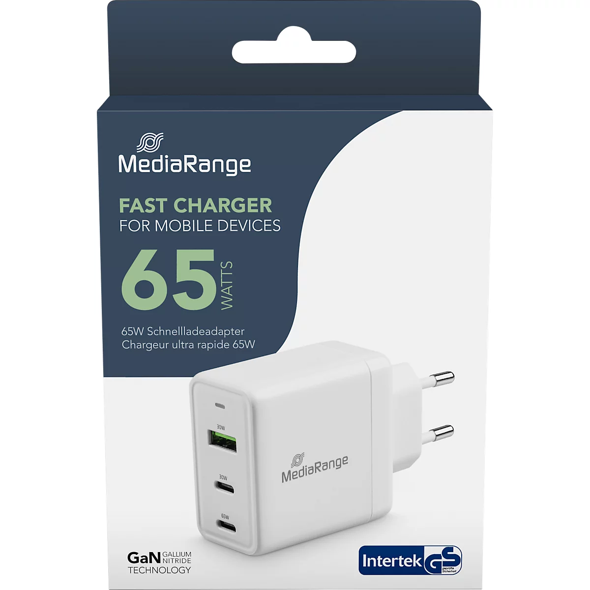 MediaRange Quick Charge snellaadadapter 65 W, Eurostekker, 2x USB-C en 1x USB-A, wit