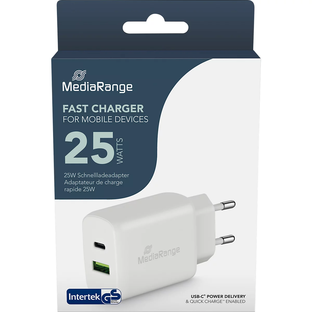 MediaRange Schnellladeadapter 25 W, Eurostecker, USB-A/USB-C, weiß