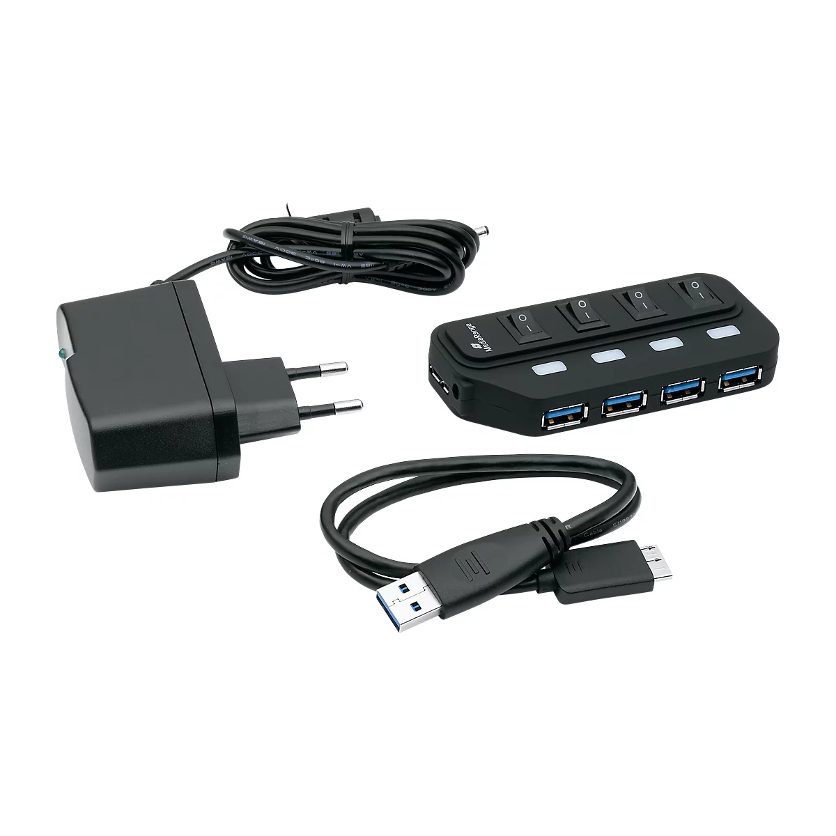 Black USB hub with power supply and cables. The hub has four USB ports, four switches, and white LEDs.