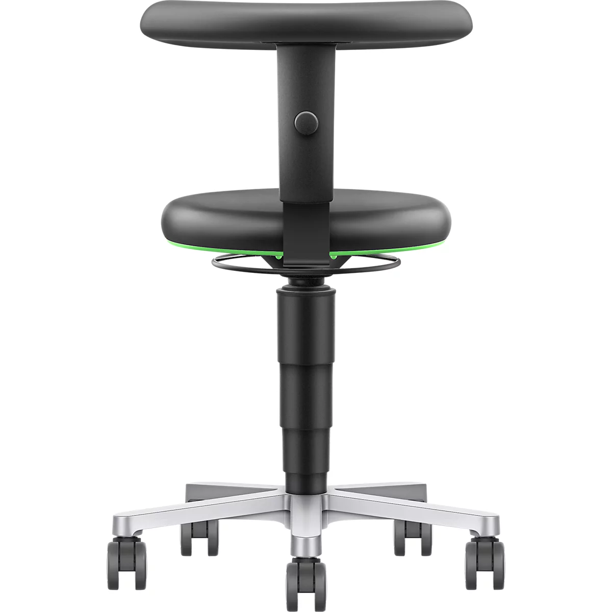 Back view of a black office chair. Seat and backrest are black, frame silver with castors. The chair is height adjustable.