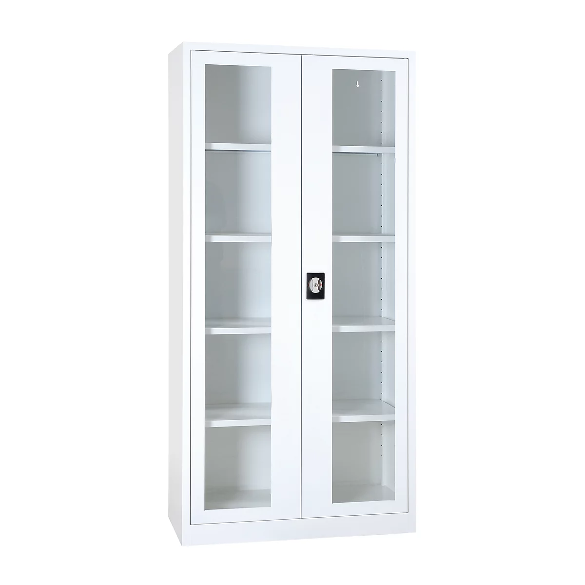 White filing cabinet with glass doors and shelves.