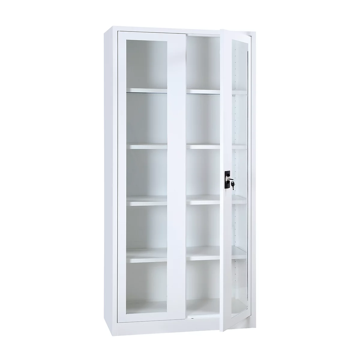 White cabinet with glass front, open door. Multiple shelves, black handle.