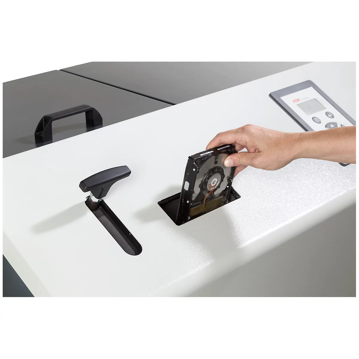 Medienvernichter HSM StoreEx HDS 150, Sicherheitsstufen T-1, E-2, H-3, Schnittbreite 40 mm, lichtgrau/eisengrau