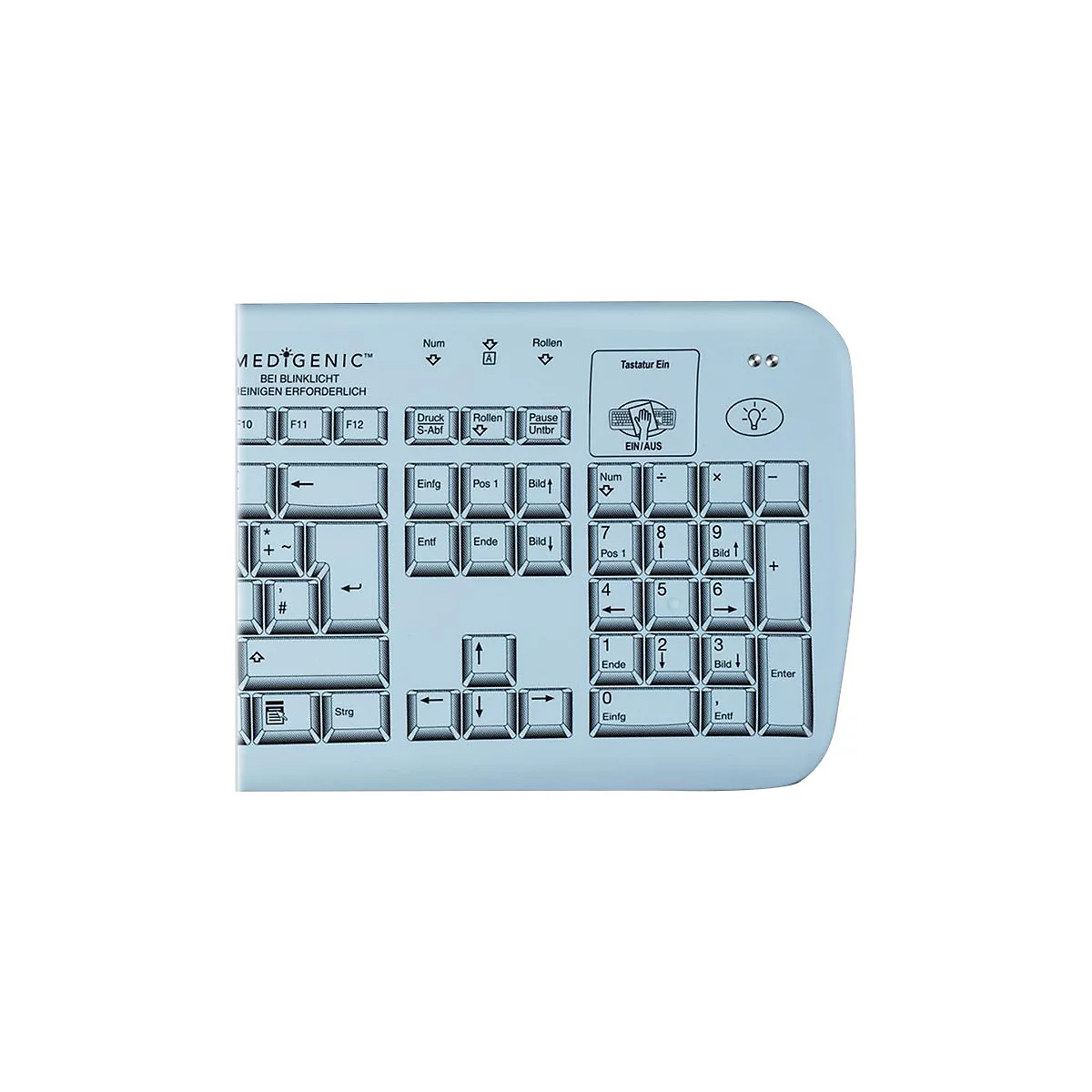 Helle, hellblaue Tastatur mit vielen Tasten. Auf der Tastatur steht MEDIGENIC. Verschiedene Funktionen sind beschriftet.