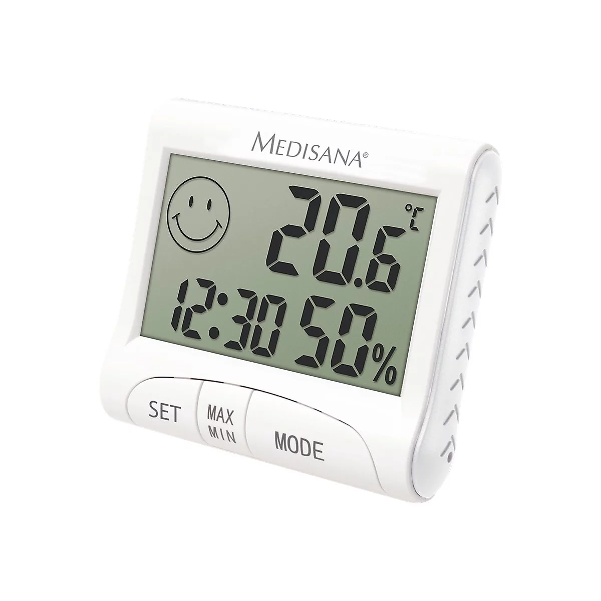 Weißes, digitales Medisana-Thermometer mit Display für Temperatur, Zeit und Luftfeuchtigkeit, sowie Smiley-Icon.