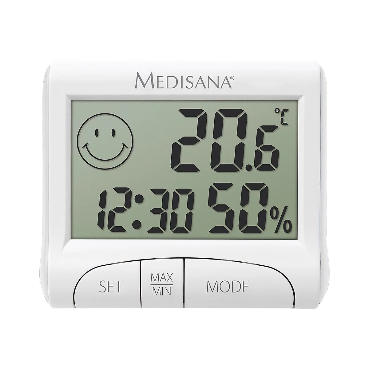 Digitales Medisana Thermometer und Hygrometer mit Anzeige von Temperatur, Uhrzeit und Feuchtigkeit.