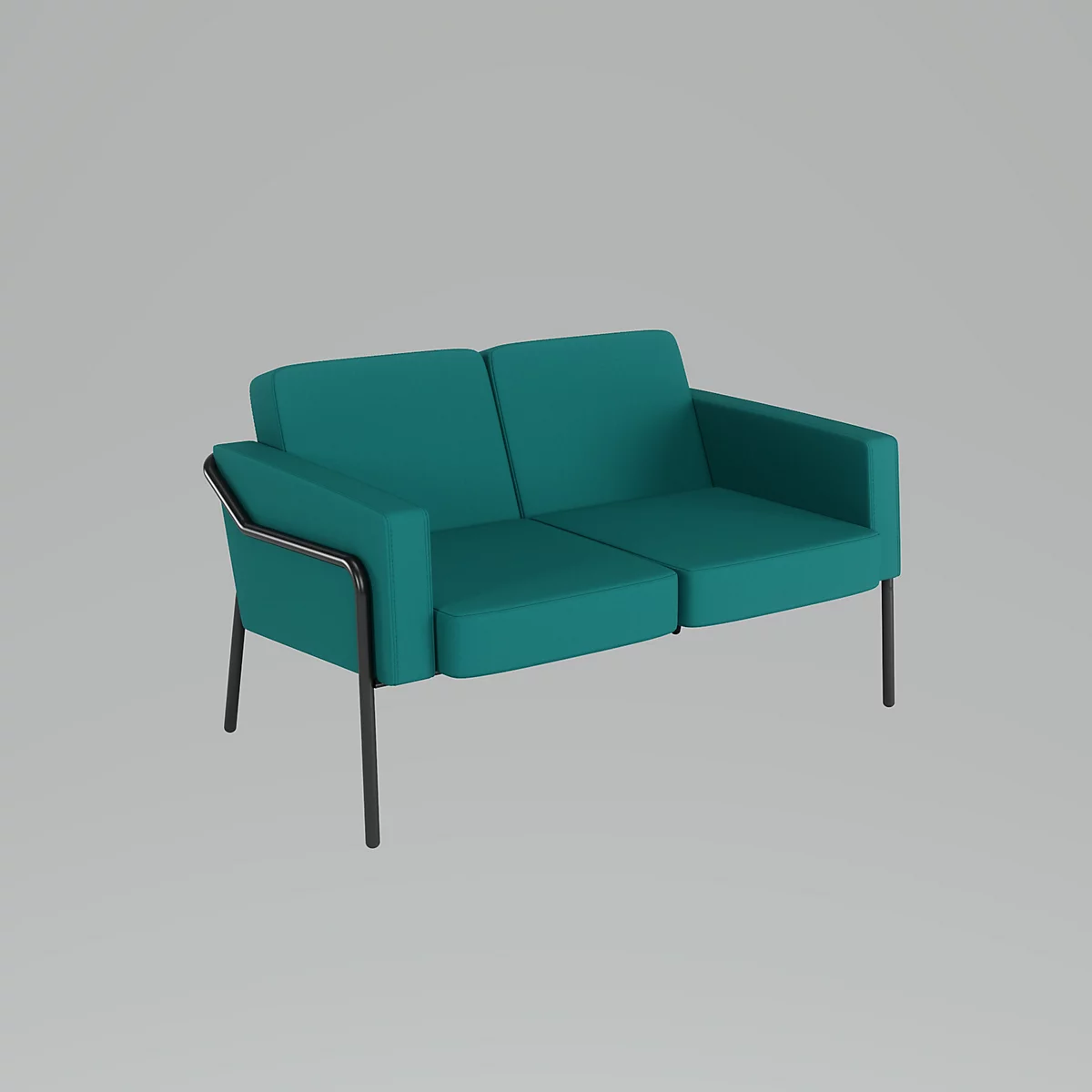 Tweezitsbank, turquoise, met zwarte metalen poten. Op een grijze achtergrond.