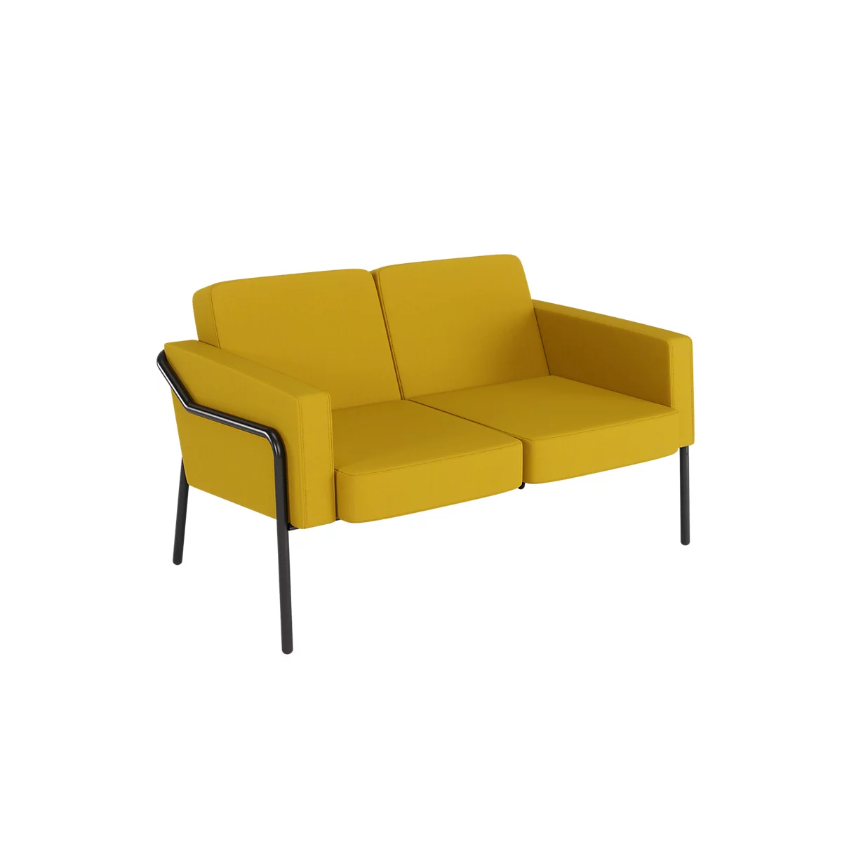 Geel sofa met zwarte metalen poten. Rechthoekige vorm, twee zitplaatsen.