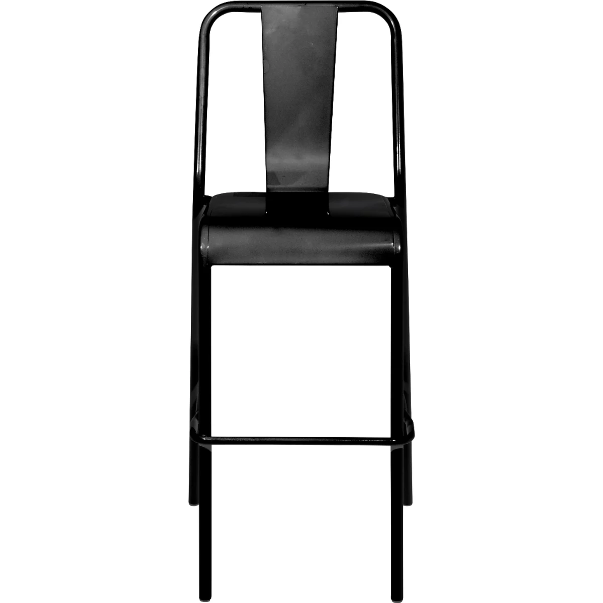 Zwarte barkruk met rugleuning en voetensteun. Industrieel design, minimalistisch.