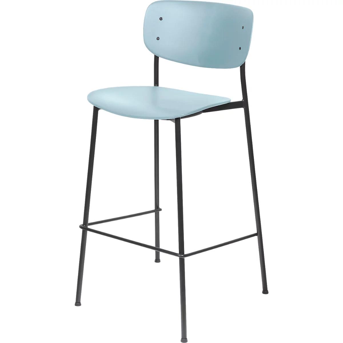 Light blue bar stool with black legs. Seat and backrest are slightly curved.