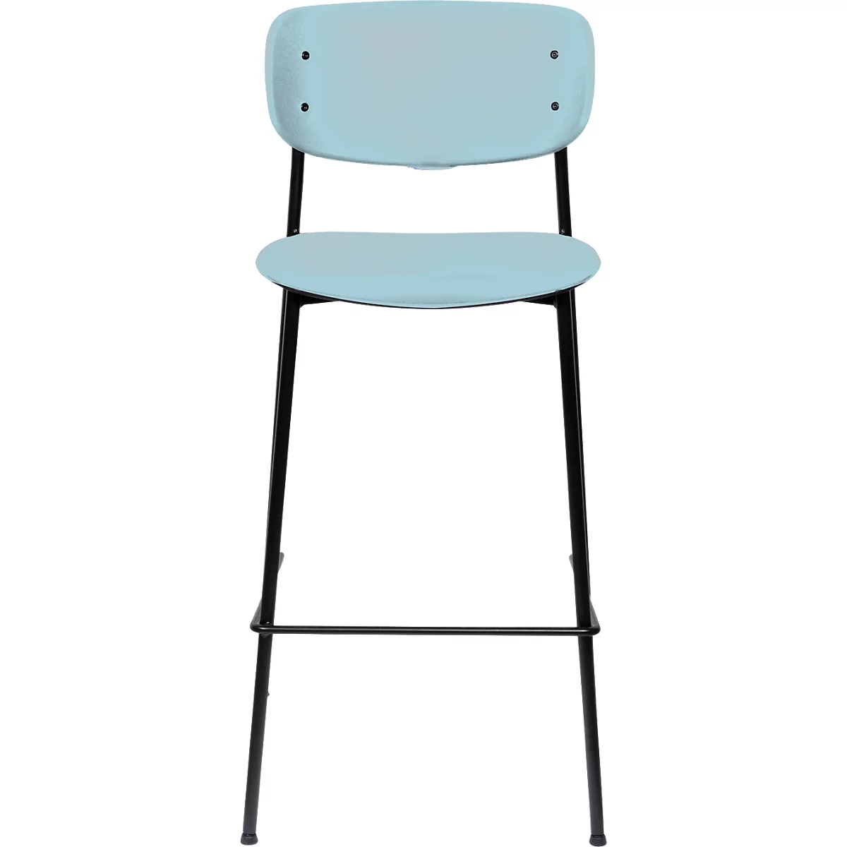 Light blue bar stool with black frame, front view.