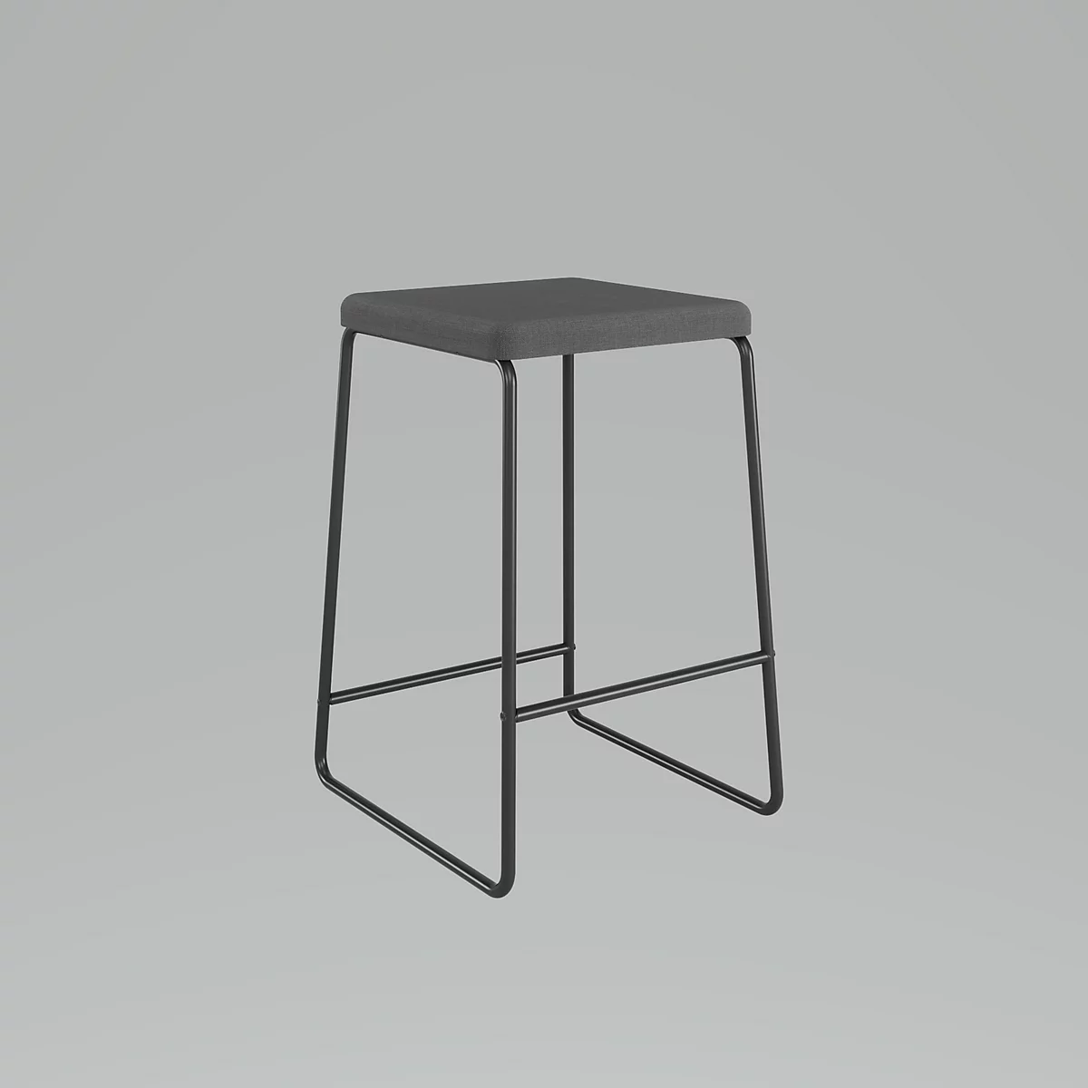Hocker mit dunkelgrauem Sitz und schwarzem, minimalistischem Gestell vor grauem Hintergrund.