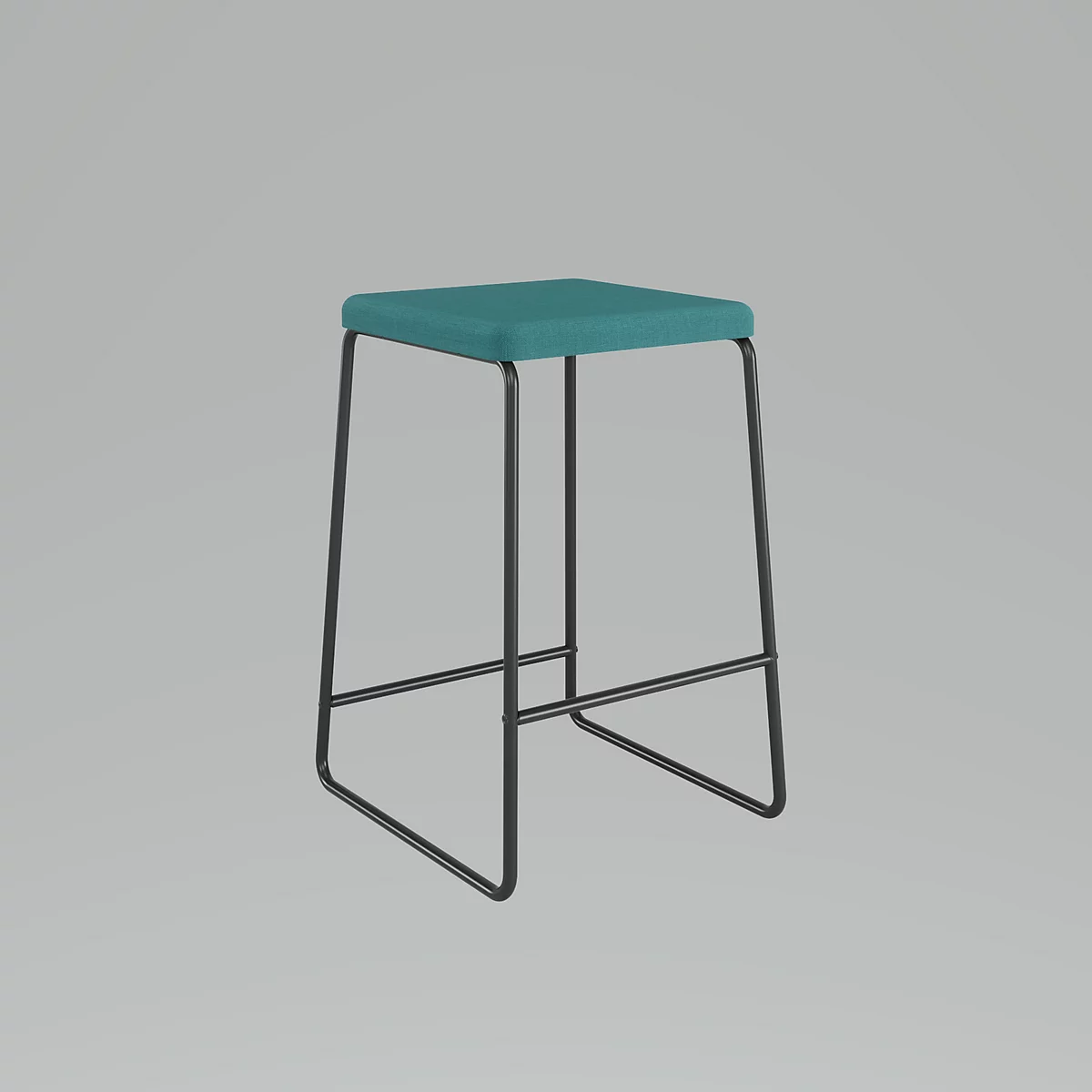 Ein Barhocker mit tealfarbener Sitzfläche und schwarzem Metallgestell. Der Hocker steht vor grauem Hintergrund.
