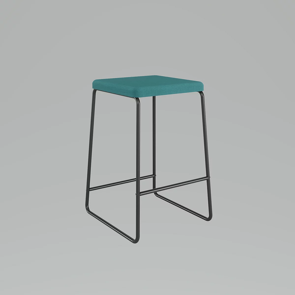 Hocker mit tealfarbener Sitzfläche und schwarzen Metallbeinen, auf grauem Hintergrund.