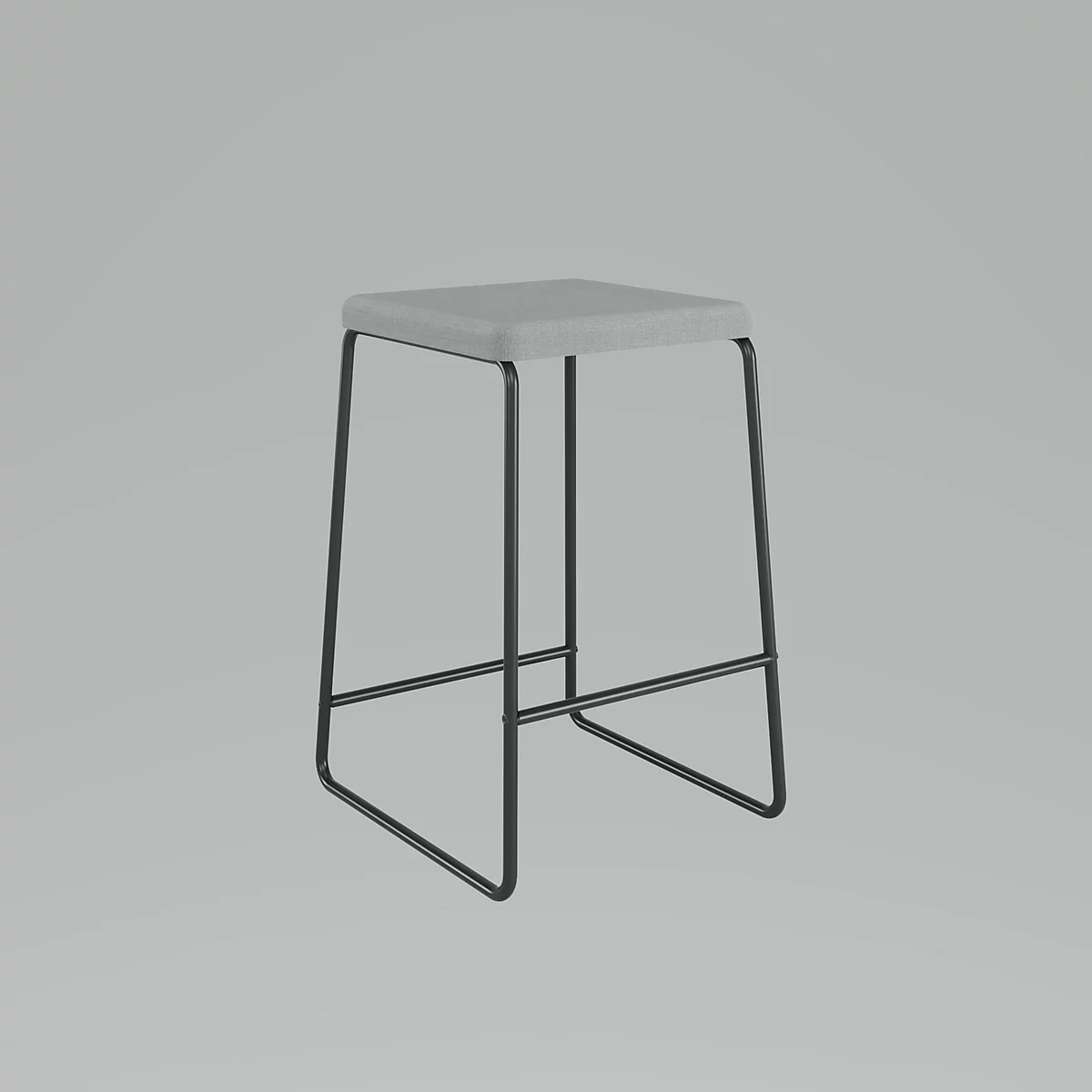 Hocker mit grauem Sitz und schwarzem Gestell auf grauem Hintergrund.