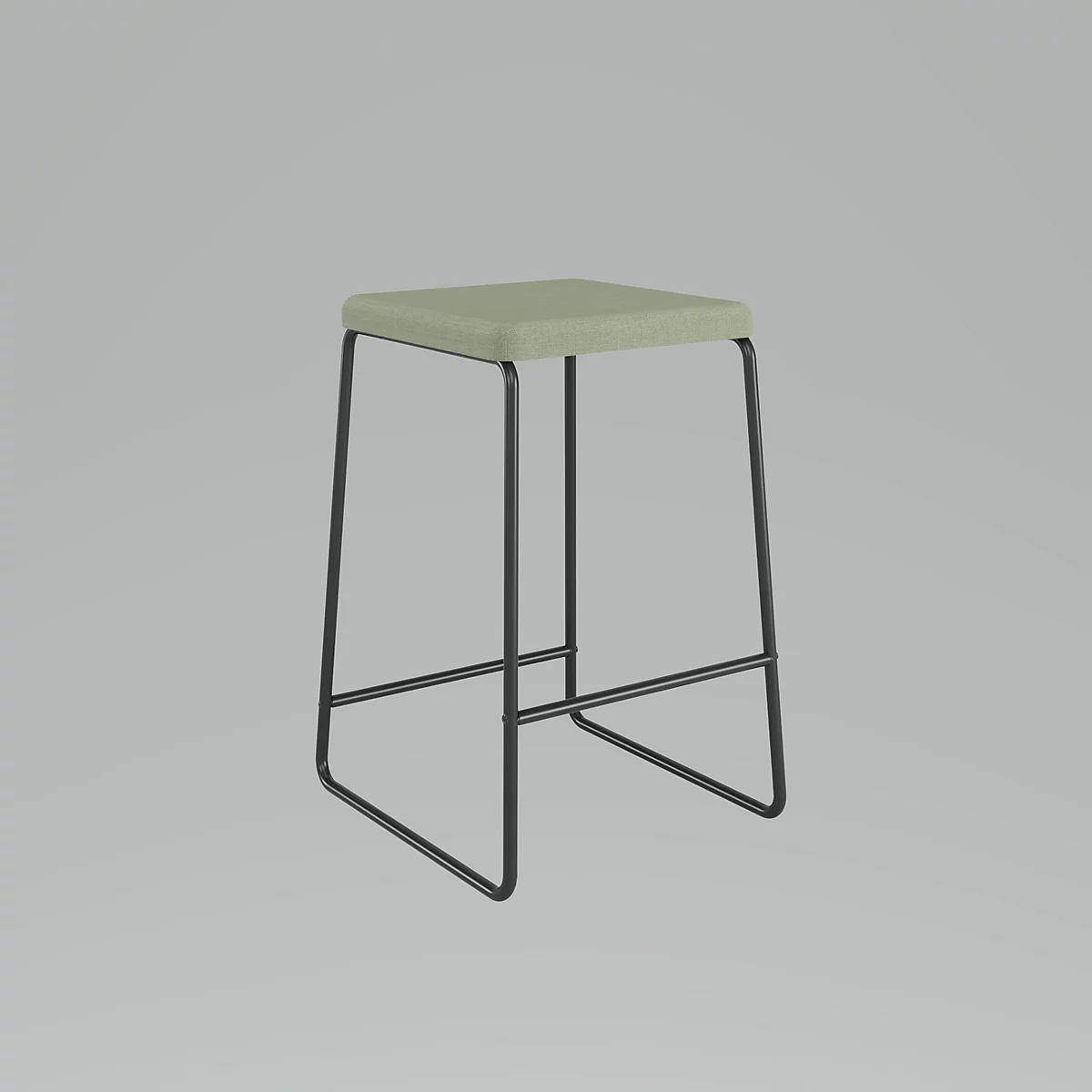 Hocker mit quadratischer, hellgrüner Sitzfläche und schwarzen Metallbeinen, vor grauem Hintergrund.