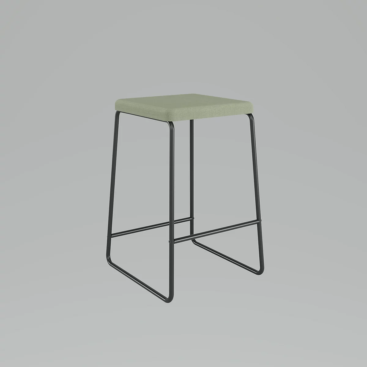 Hocker mit einem hellgrünen Sitz und einem schwarzen Metallgestell, vor neutralem Hintergrund.