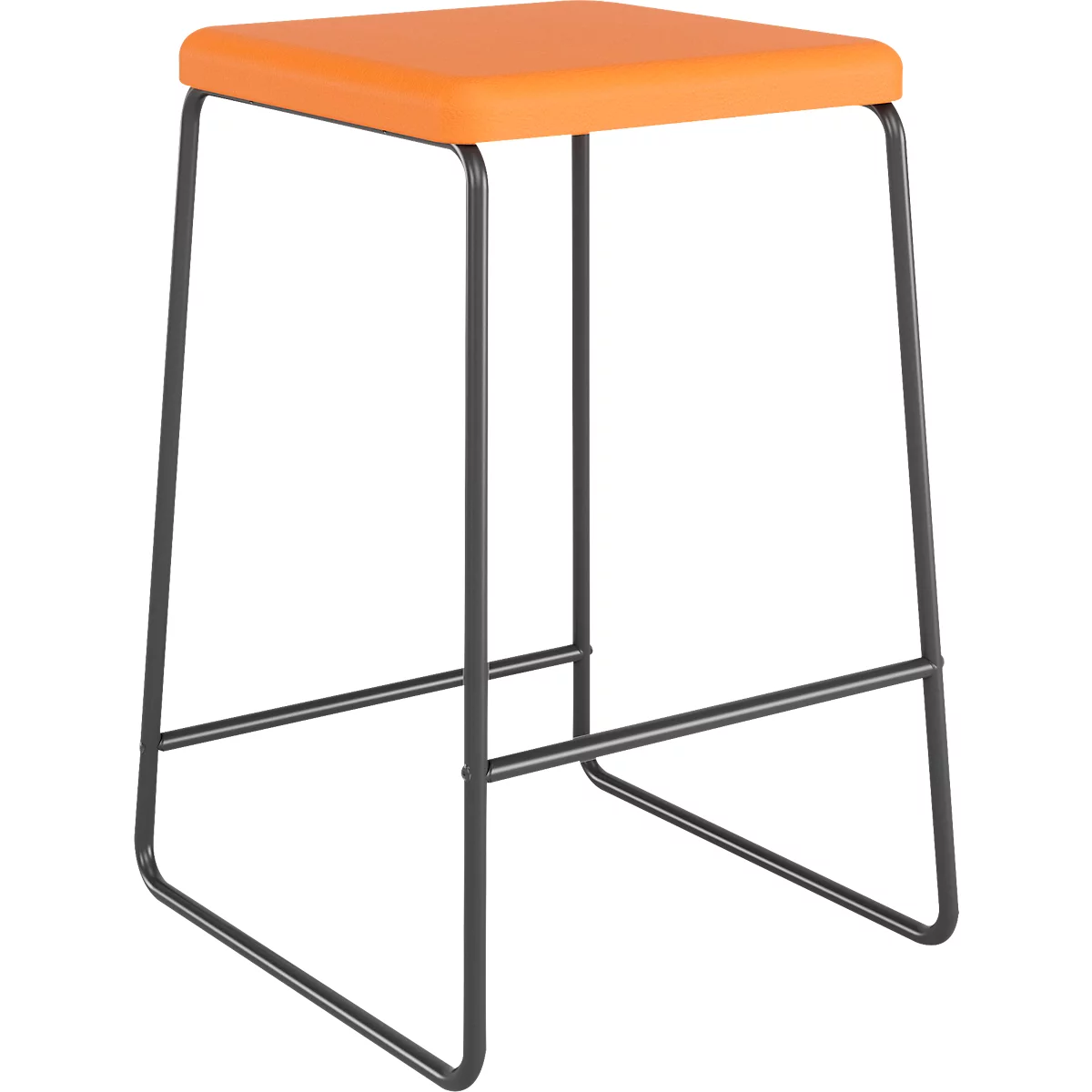 Orangener Barhocker, quadratische Sitzfläche, dunkle Metallbeine.