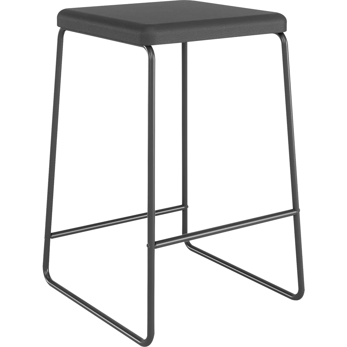 Grauer Barhocker, quadratische Sitzfläche, Metallgestell.