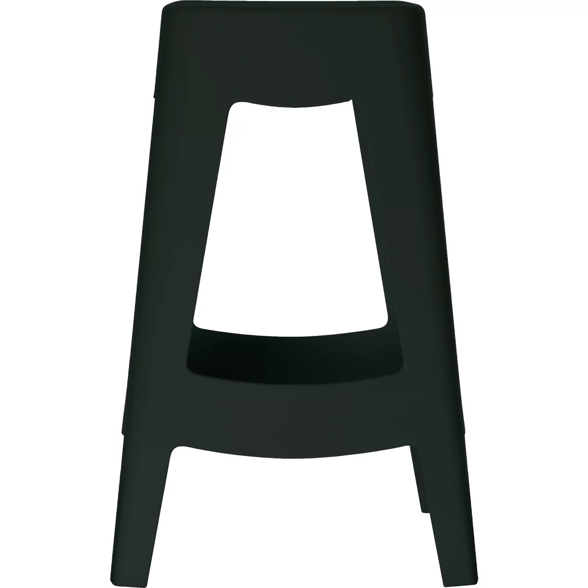 Zwarte barkruk met een open, trapeziumvormige uitsparing in het midden. De poten zijn licht uitlopend.