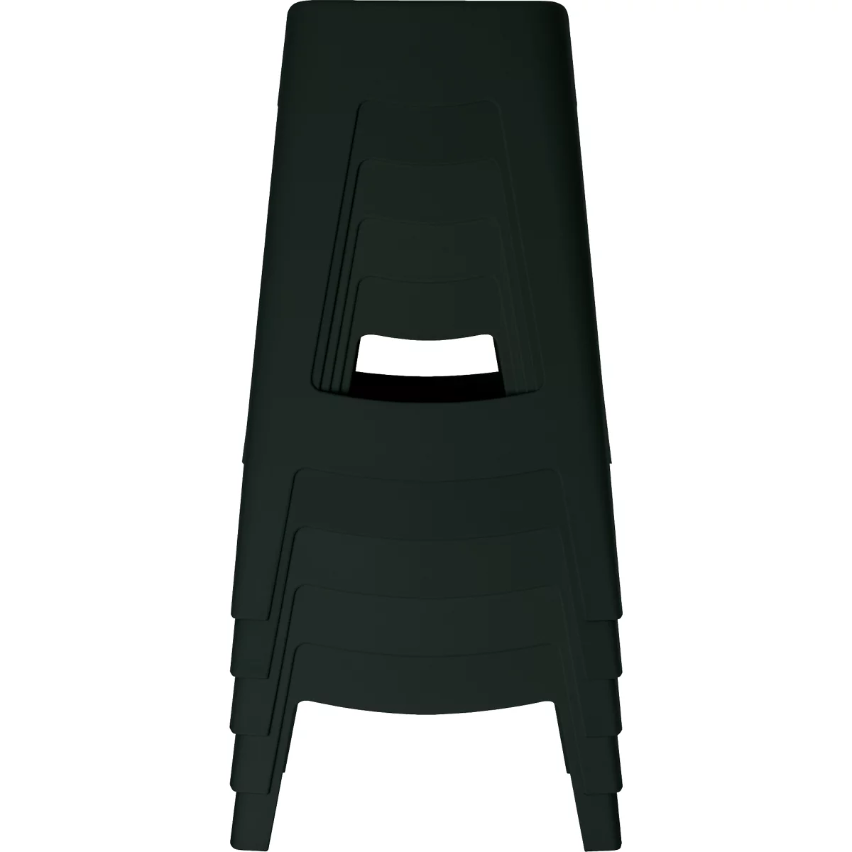 Verschillende zwarte stoelen, op elkaar gestapeld.