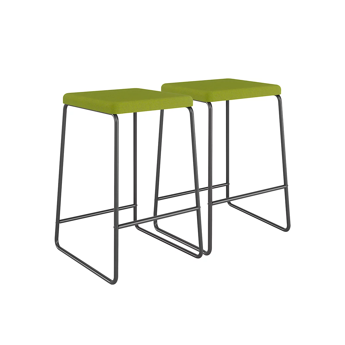 Twee moderne barkrukken met limoengroene zittingen en antracietkleurige metalen frames op een witte achtergrond.