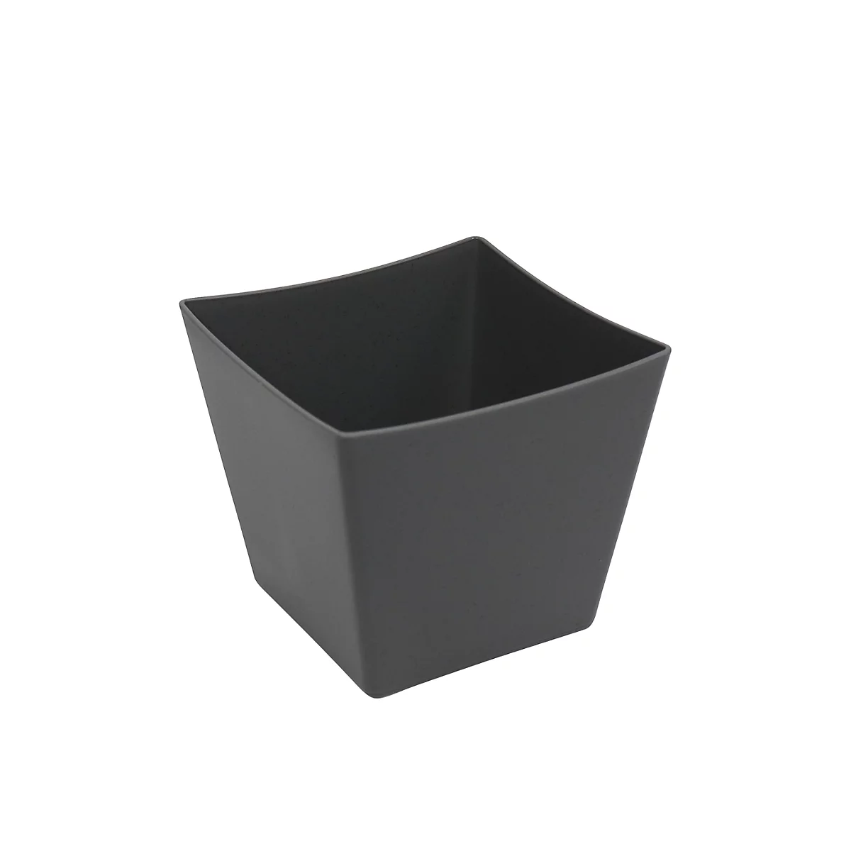 Pot de fleurs carré gris foncé avec des bords légèrement incurvés. Sur fond blanc.
