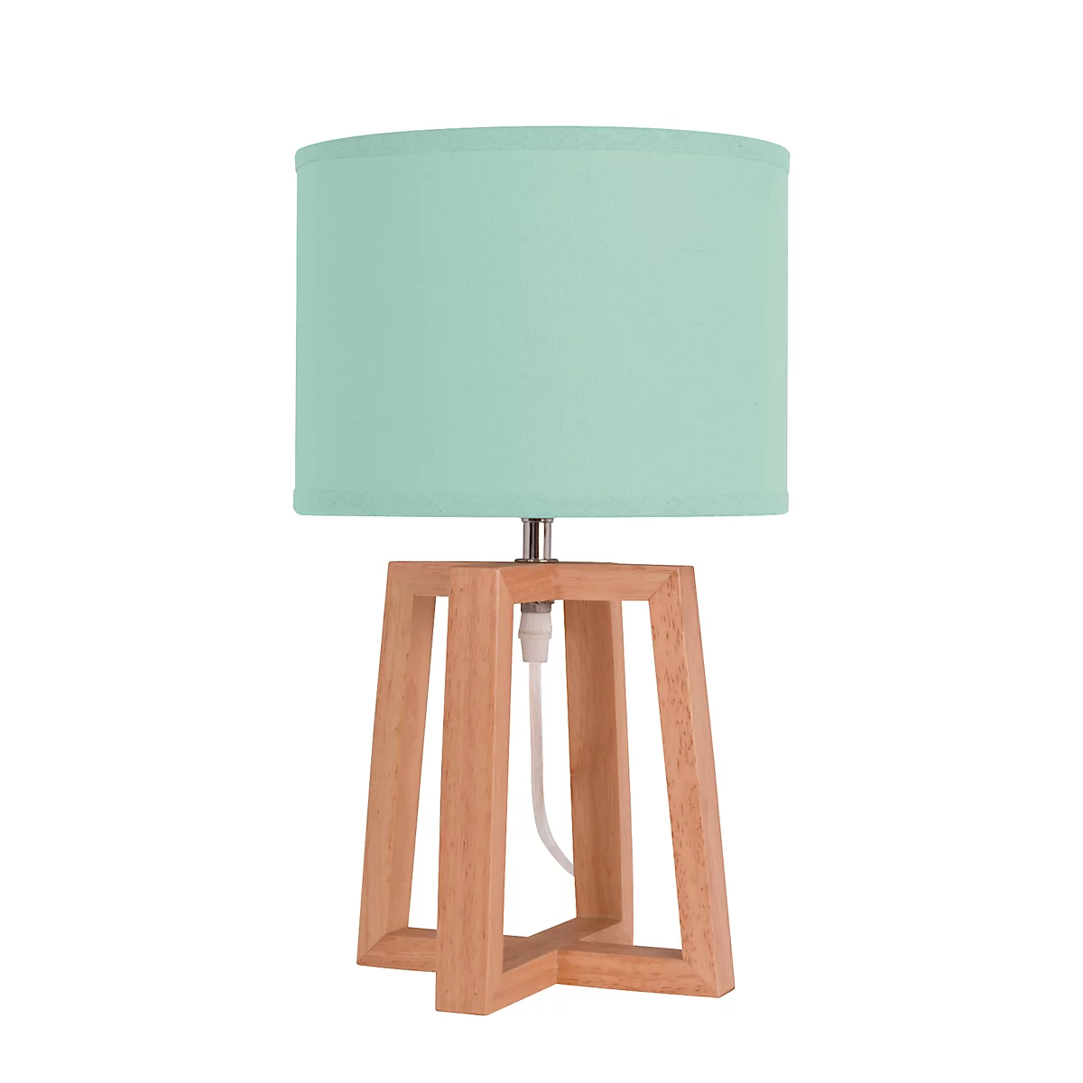 Tischlampe mit türkisfarbenem Lampenschirm und Holzfuß.