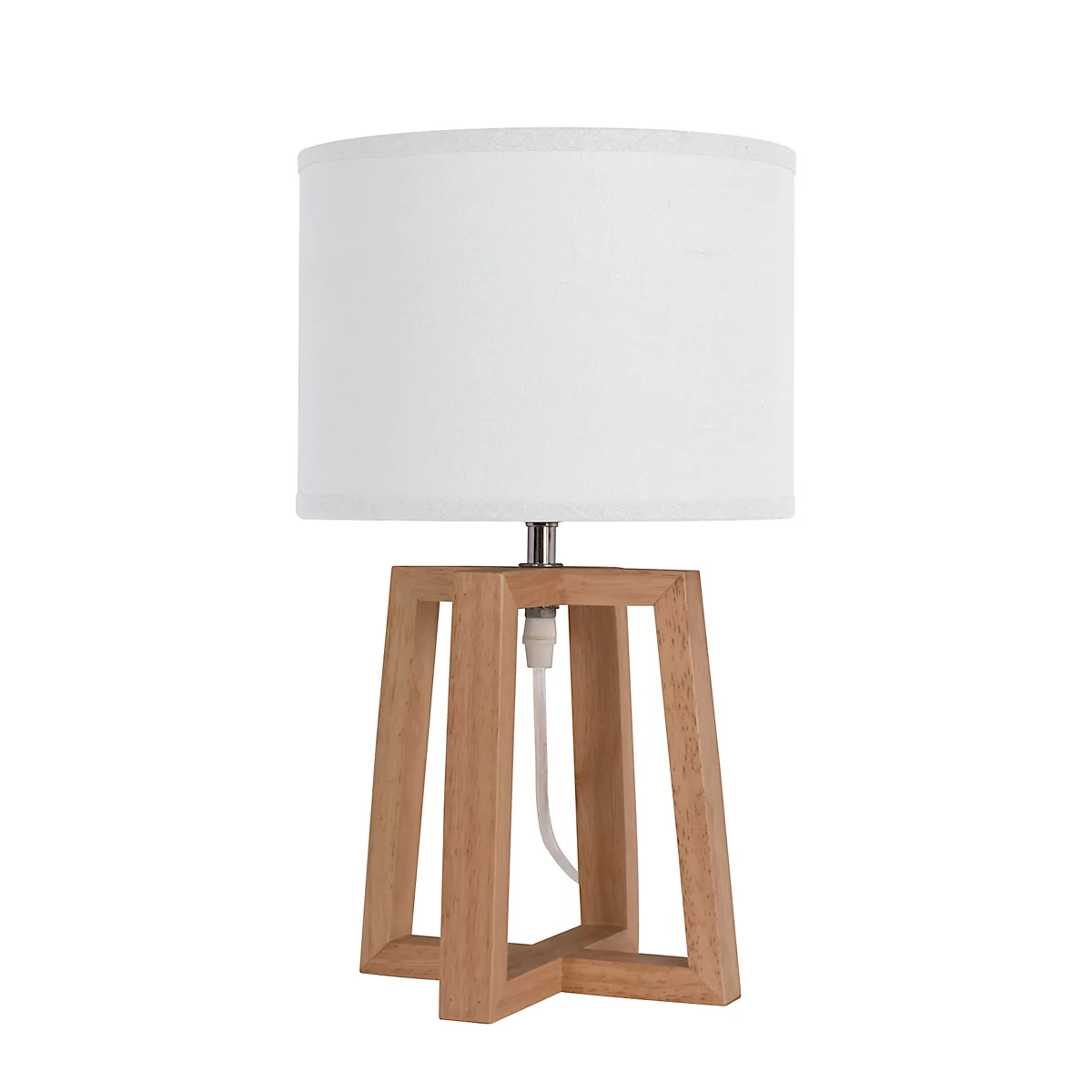 Lampe de table avec abat-jour blanc et socle en bois.