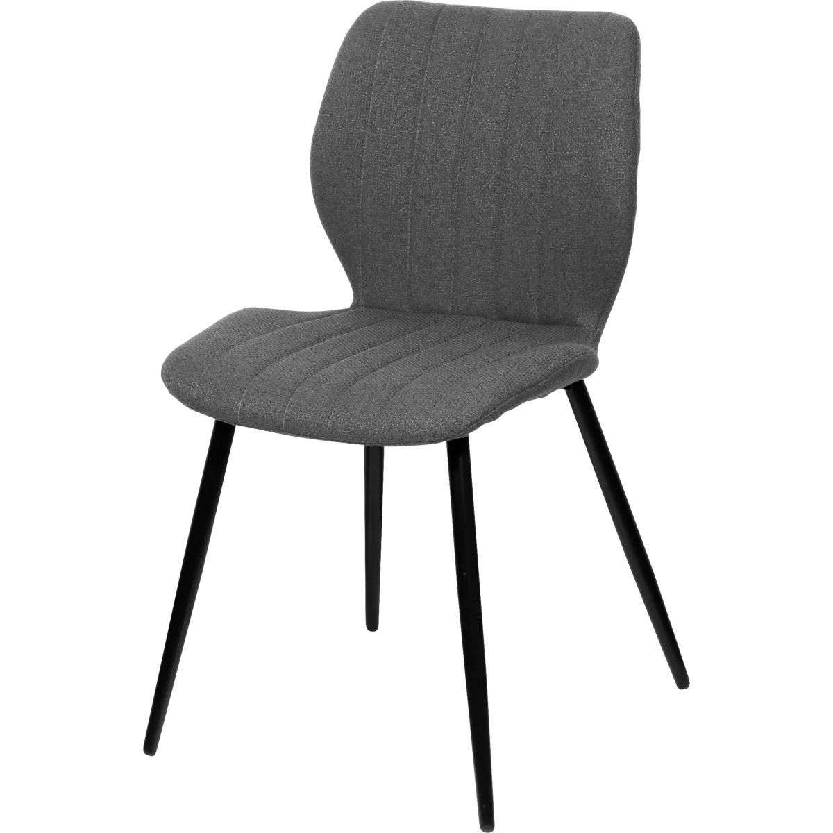 Grijze stoffen stoel met zwarte poten. De stoel heeft een gebogen rugleuning en een gewatteerde zitting.