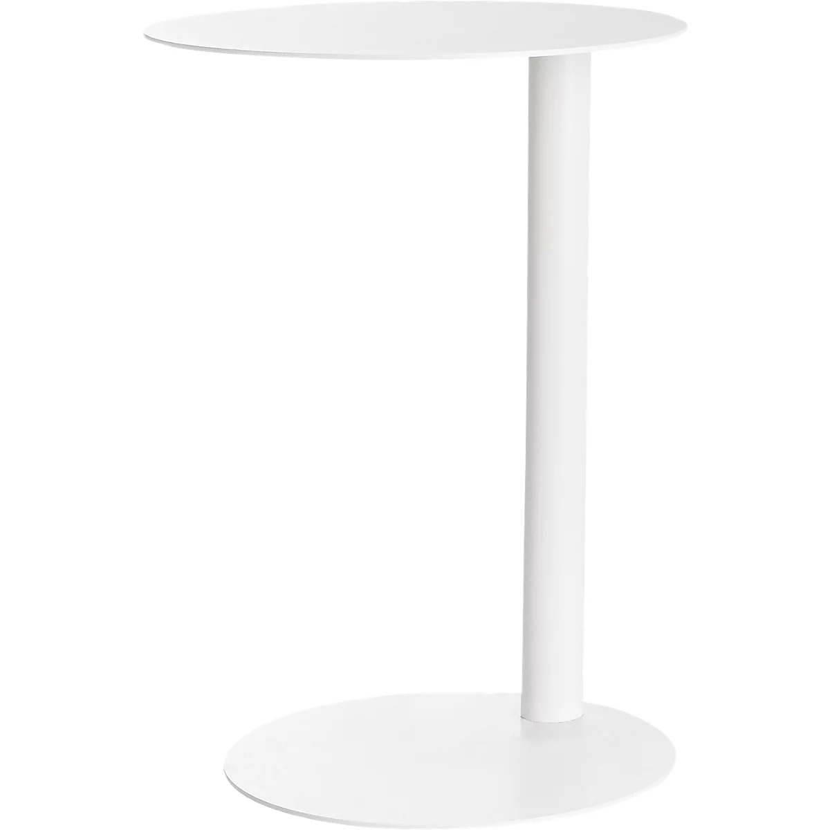 Een witte bijzettafel met een rond tafelblad, een centrale stam en een ronde voet. De achtergrond is wit.