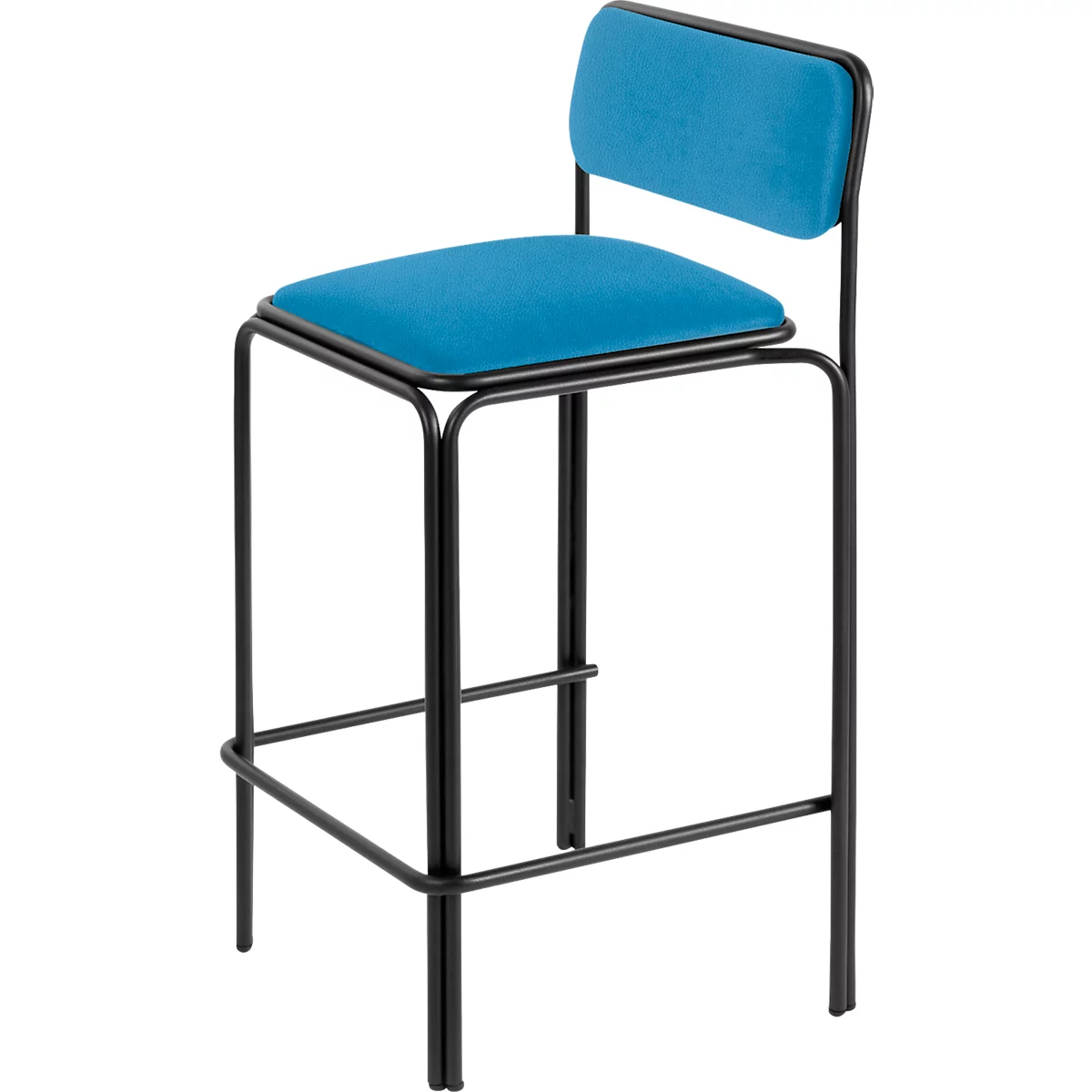 Meet by Paperflow Bistro barkruk, staal met kunstlederen bekleding, zithoogte 850 mm, met rugleuning, B 485 x D 435 x H 1060 mm, 2 stuks, zwart/blauw