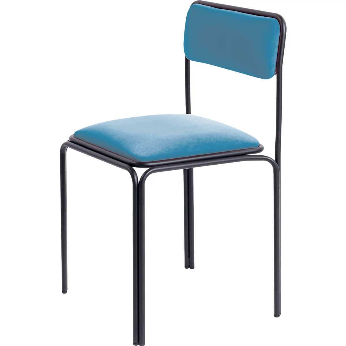 Chair with blue seat and backrest, black frame.