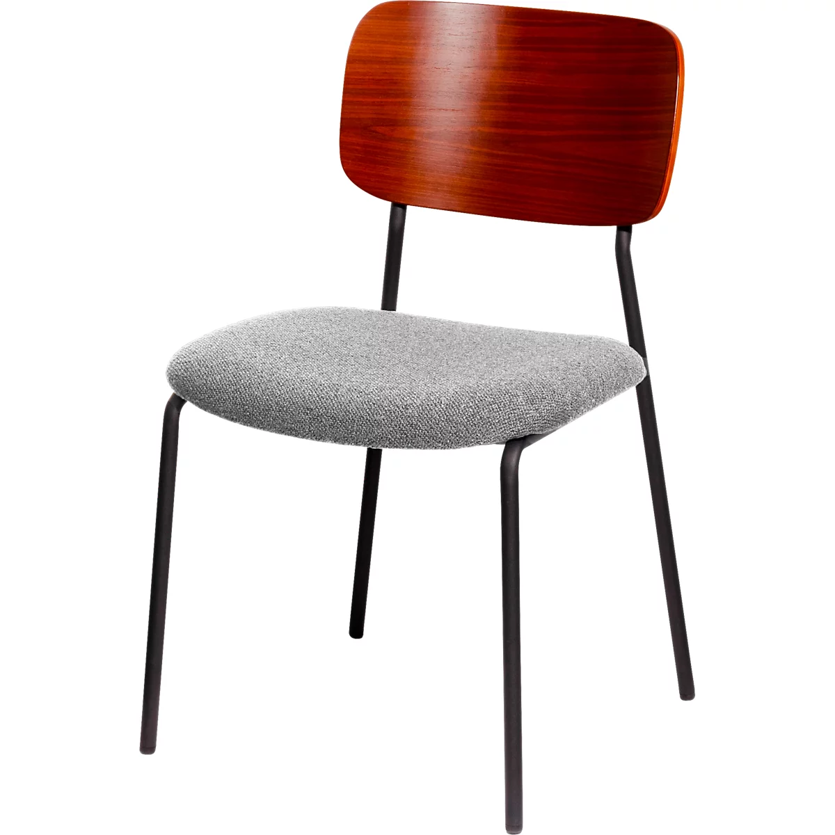 Stoel met grijze zitting, donkere houten rug en zwarte metalen poten.