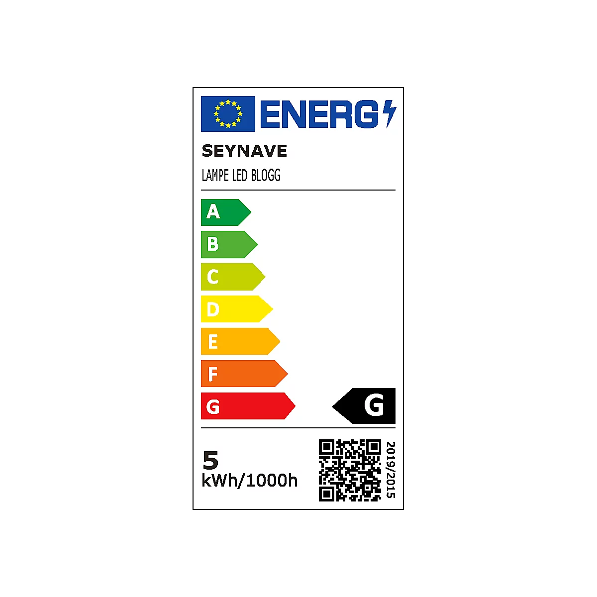 Energielabel mit Buchstaben A bis G, G ist rot. Oben steht ENERG. SEYNAVE LAMPE LED BLOGG. 5 kWh/1000h, QR-Code.