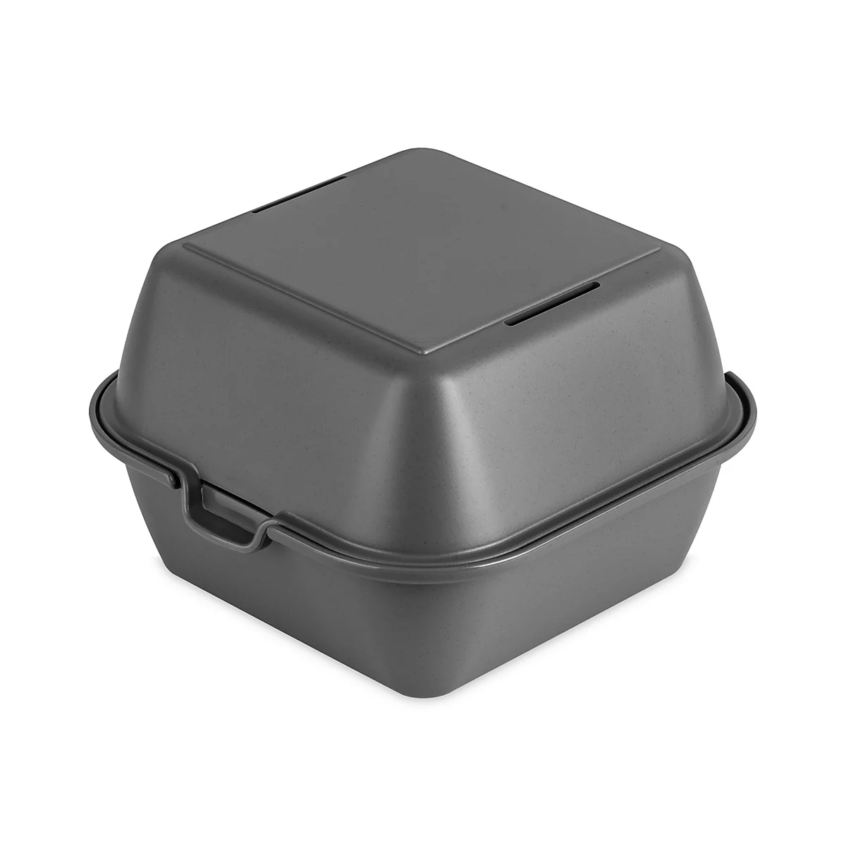 Boîte à hamburger gris foncé, carrée avec des coins arrondis, fermée. On peut voir une ouverture sur le couvercle.