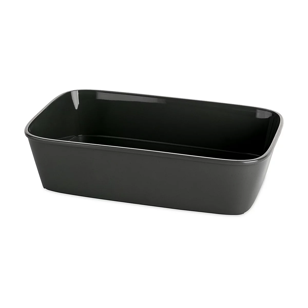 Plat à four rectangulaire anthracite. Le moule a des coins arrondis et se dresse sur un fond blanc.