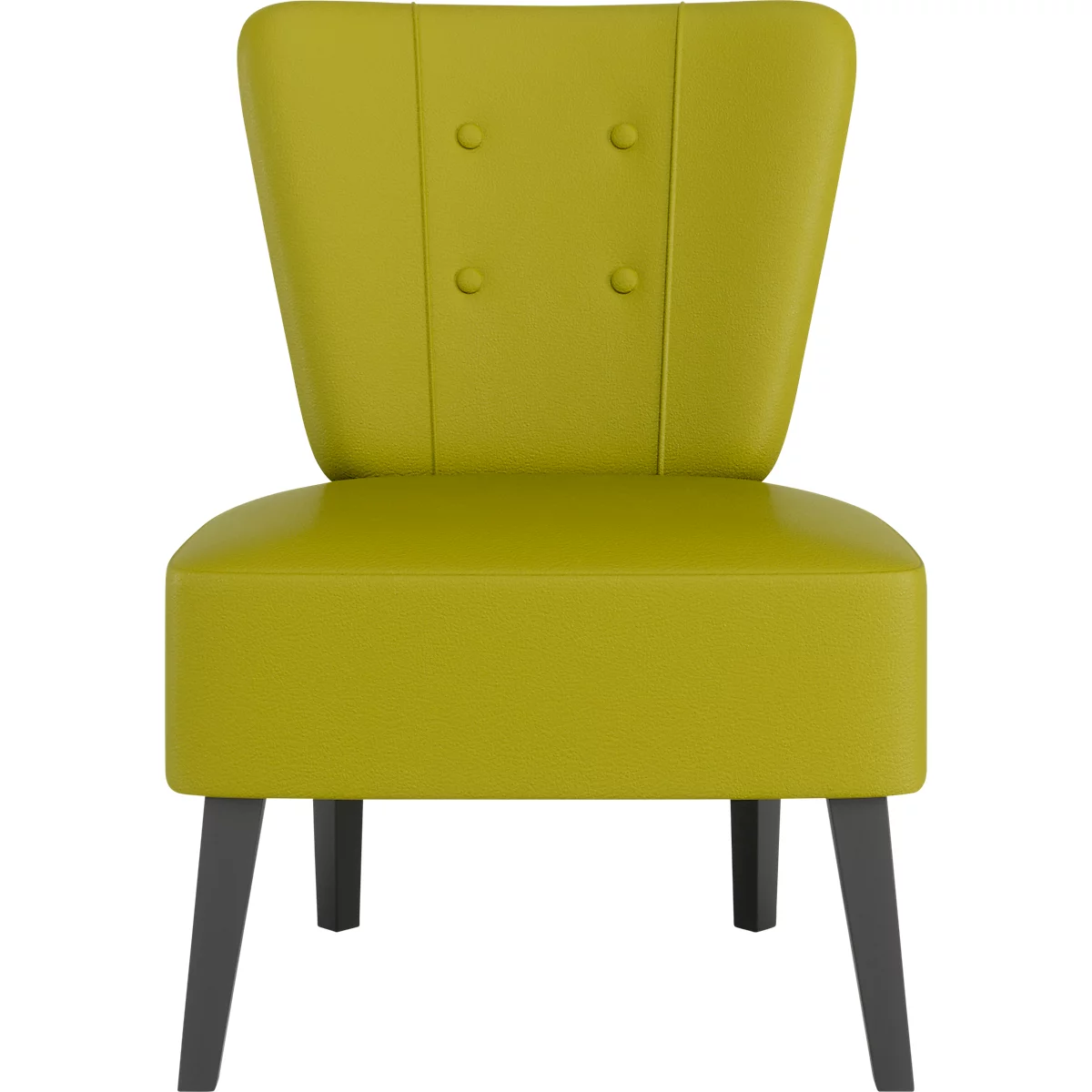 Lichtgroene fauteuil met grijze poten. De rugleuning heeft knopen.