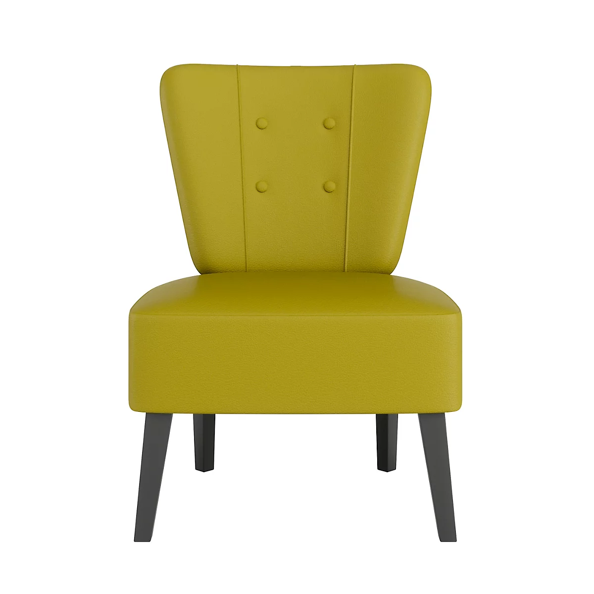 Gele fauteuil met grijze poten, op een witte achtergrond. De rugleuning is versierd met knopen.