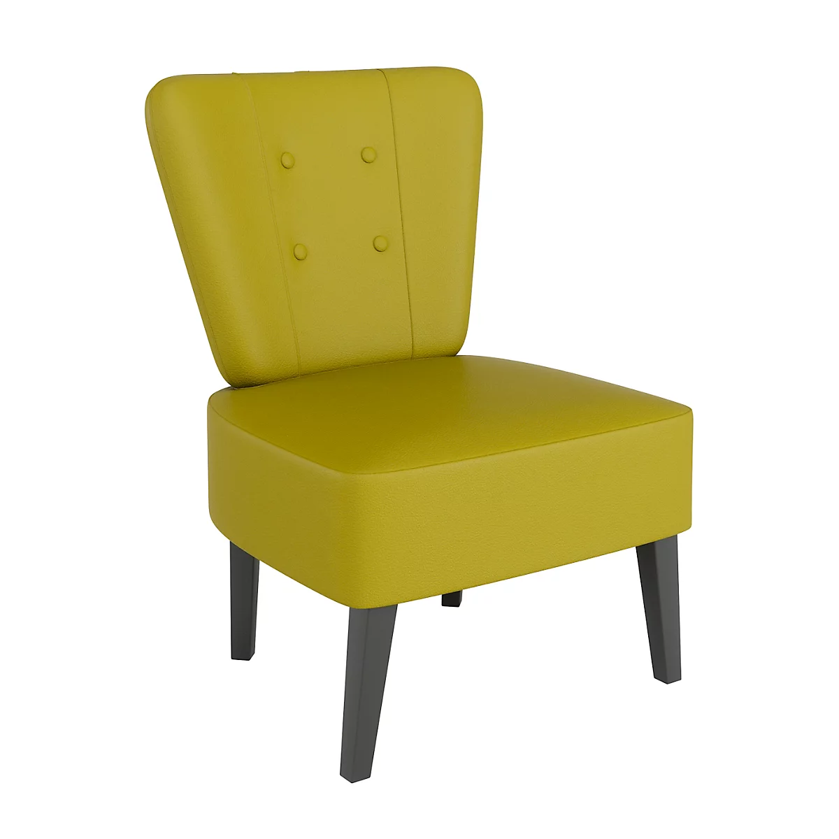 Gele fauteuil met rugleuning en donkere poten. Drie knopen op de rugleuning.