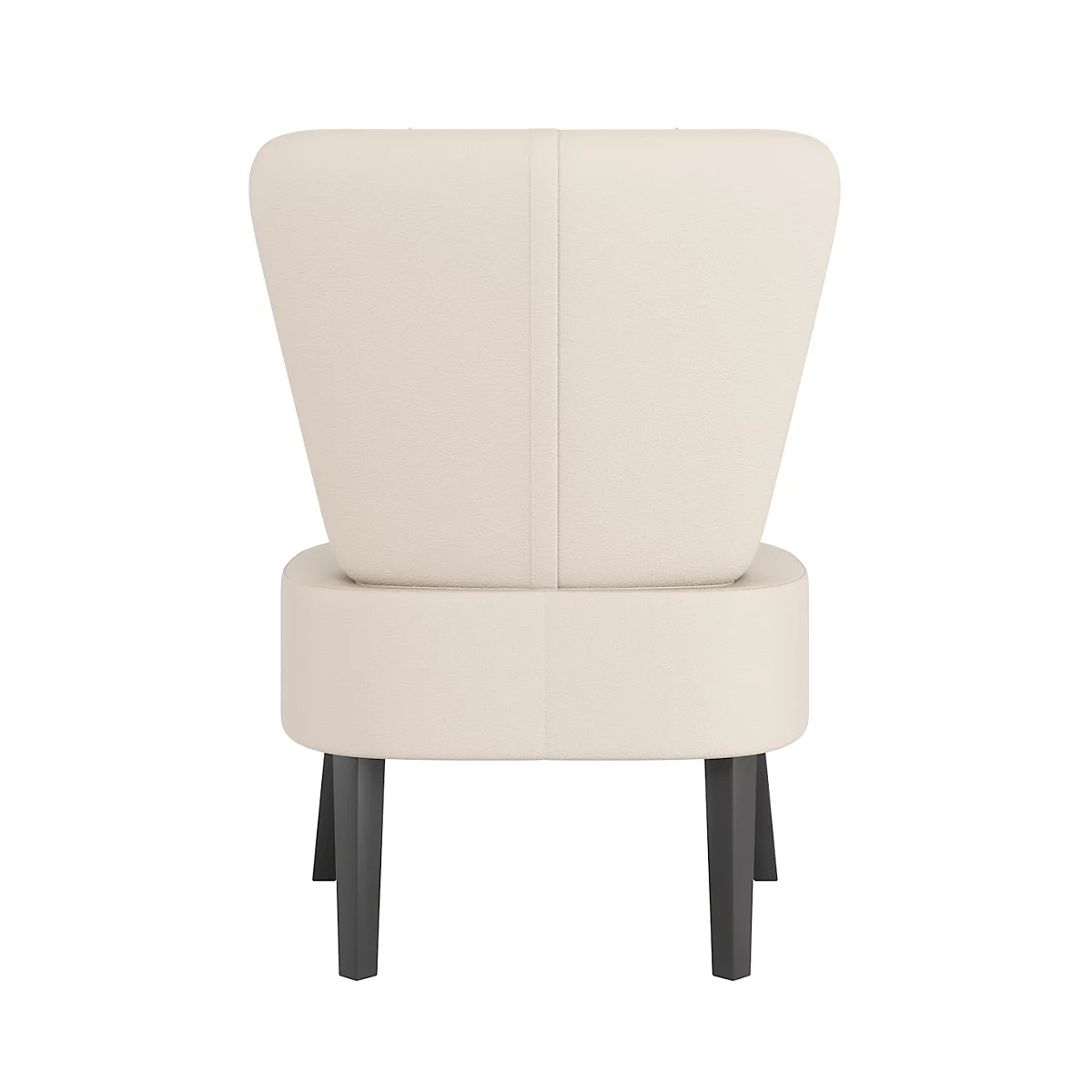 Crèmekleurige fauteuil, van achteren gezien. Rechthoekige zitting, halfronde rugleuning, zwarte poten.