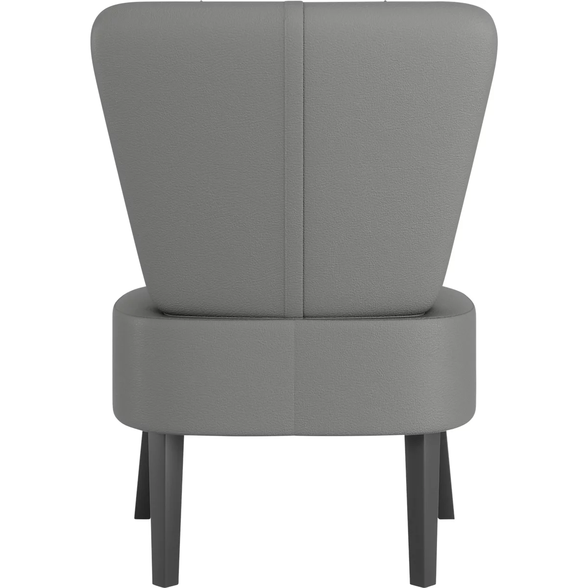 Grijze fauteuil, achteraanzicht. Hoge rugleuning, korte poten. Een verticale naad in het midden van de rugleuning.