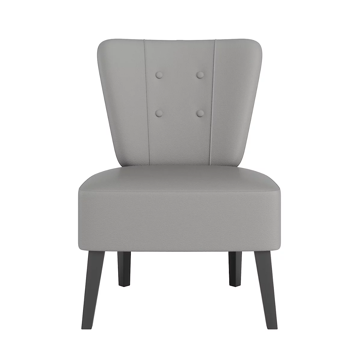 Grijze fauteuil op een witte achtergrond, met donkere poten en knopen op de rugleuning.