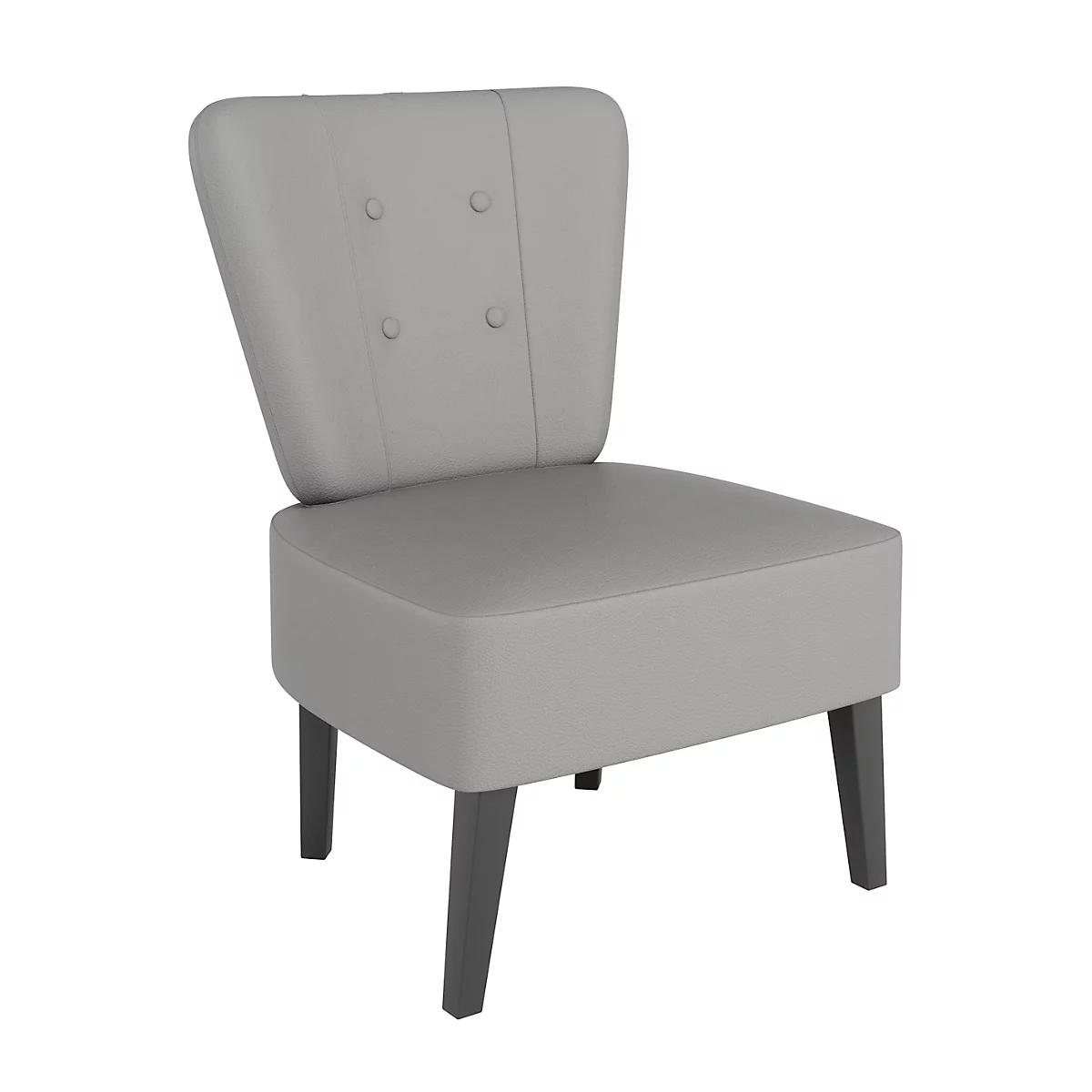 Een lichtgrijze fauteuil met donkergrijze poten en knoopdetails op de rugleuning.