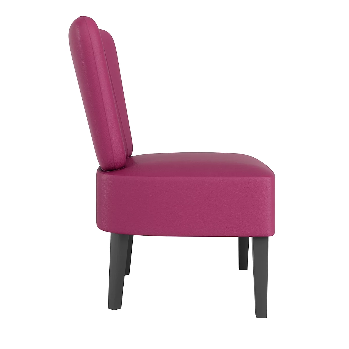 Zijaanzicht van een roze stoel. De stoel heeft een hoge, gebogen rugleuning, een vierkante zitting en grijze poten.