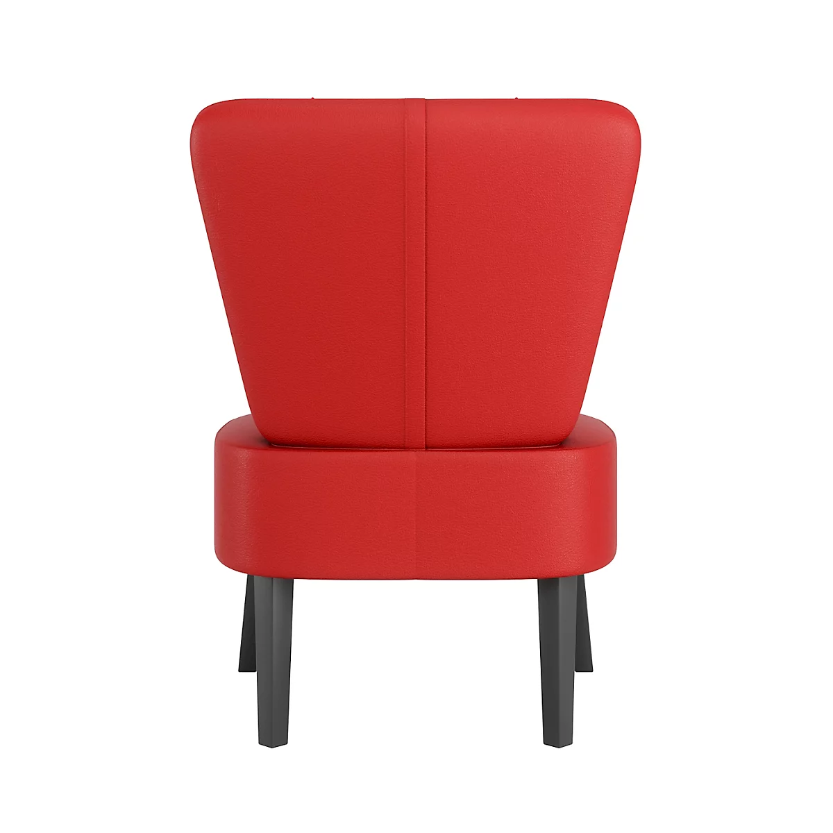 Rode fauteuil, achteraanzicht, tegen een witte achtergrond. De fauteuil heeft donkere poten.