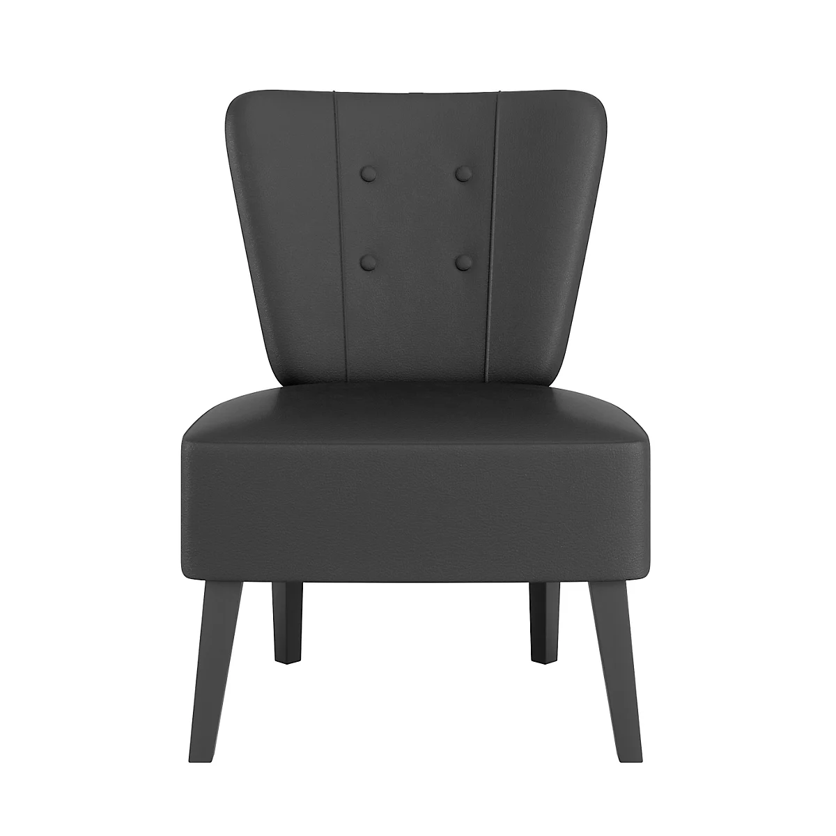 Zwarte cocktailstoel met vier poten op een witte achtergrond. Rugleuning met 4 knoppen.