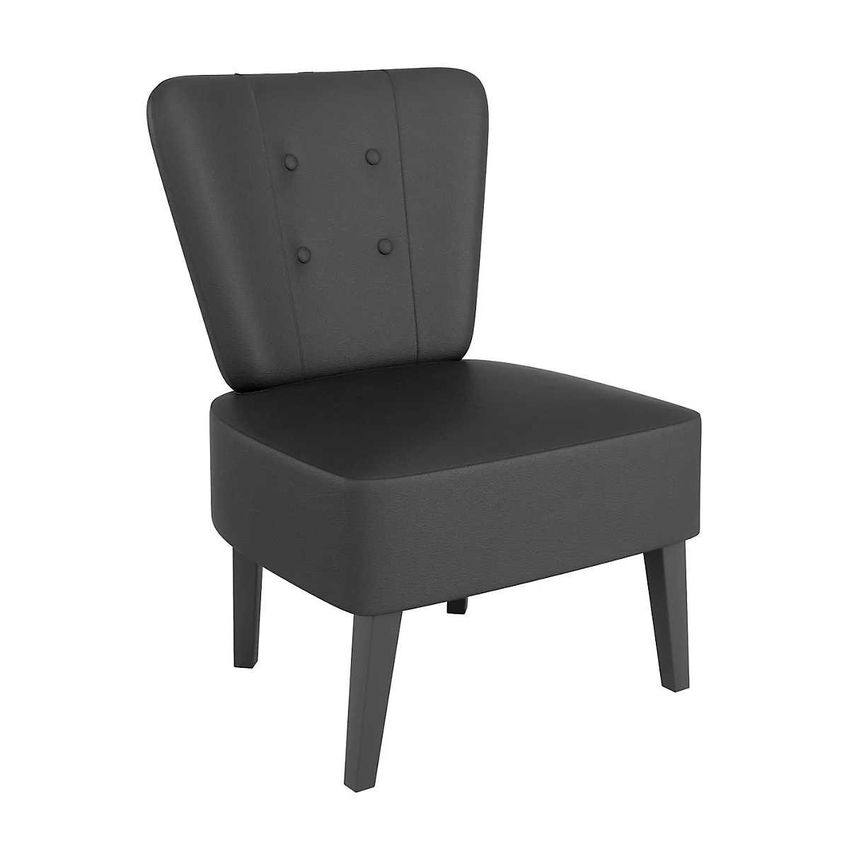 Zwarte fauteuil, drie knopen in de rugleuning, vier houten poten.