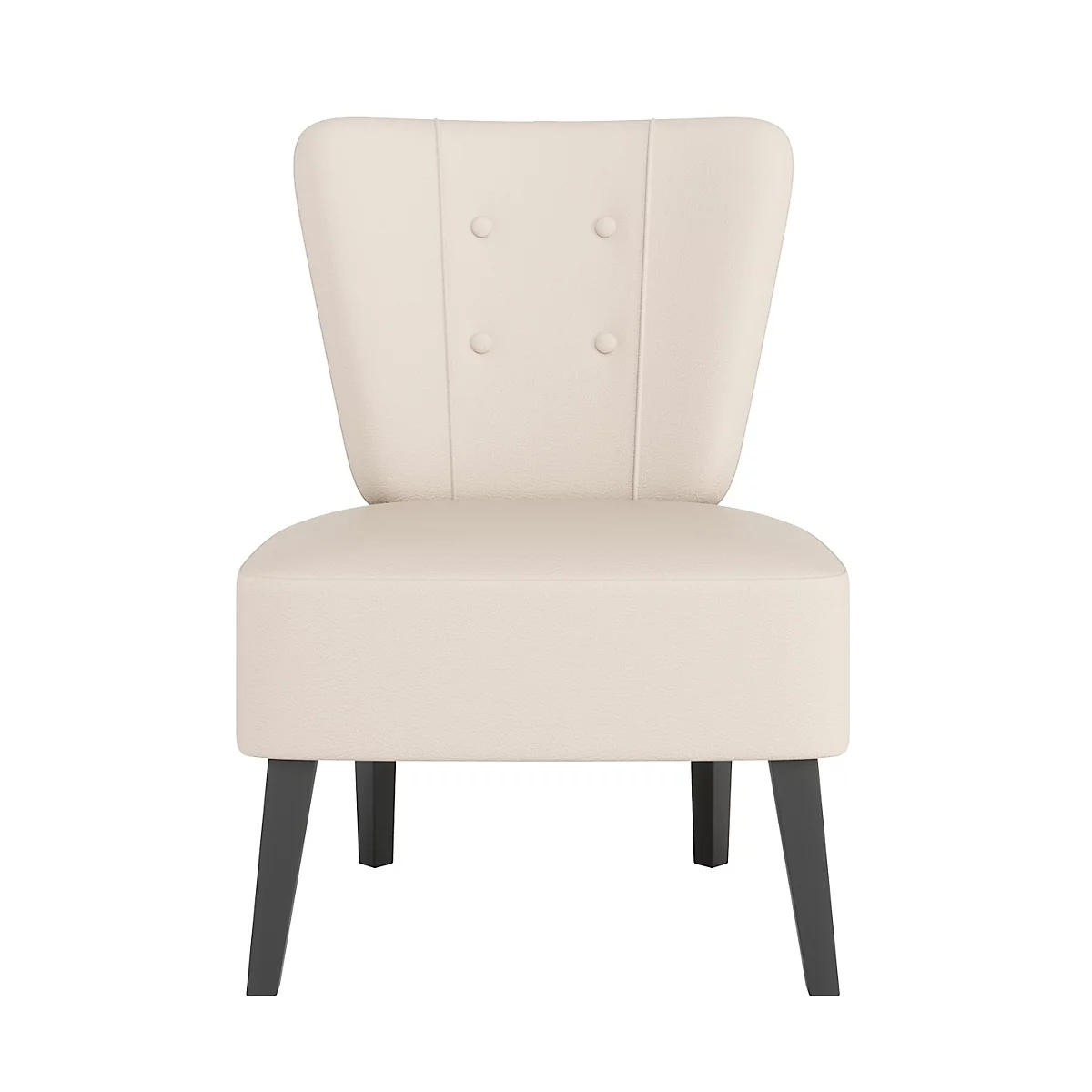 Crèmekleurige fauteuil tegen een witte achtergrond. Gewatteerde rugleuning met 3 knopen. Zwarte poten.